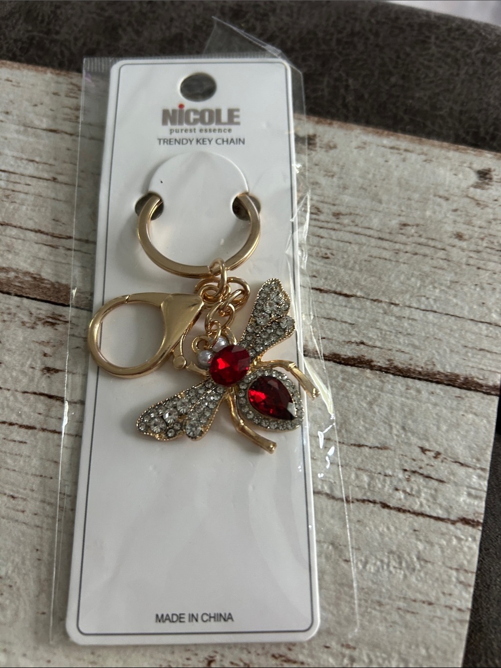 5/)25 Nicole Gold Bee Keychain with Red and Clear Crystals